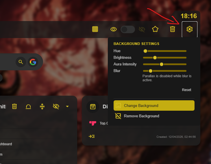 Caves of Wonders (CoW) Background Settings panel with hue, brightness, aura intensity, and blur controls
