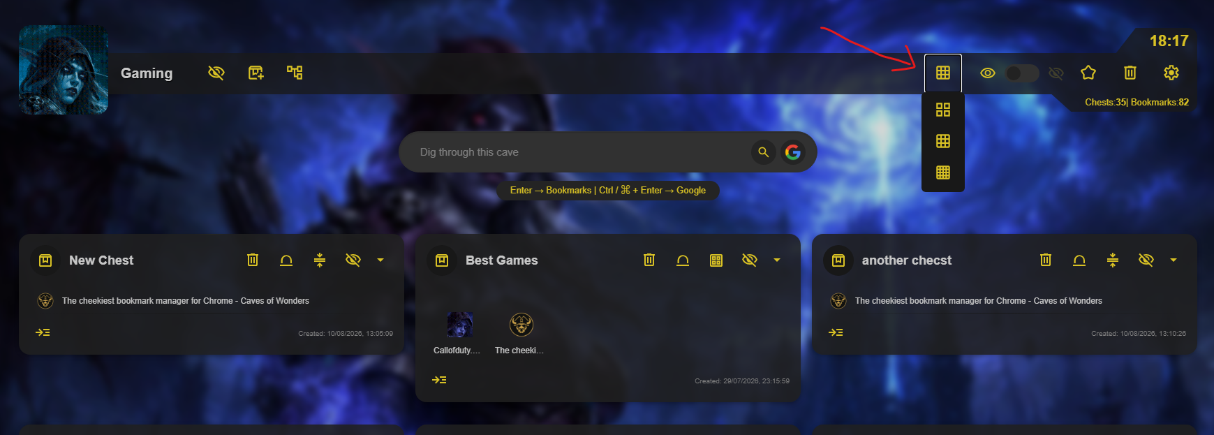 Caves of Wonders (CoW) Cave layout menu showing two, three, and four column options for bookmark collections