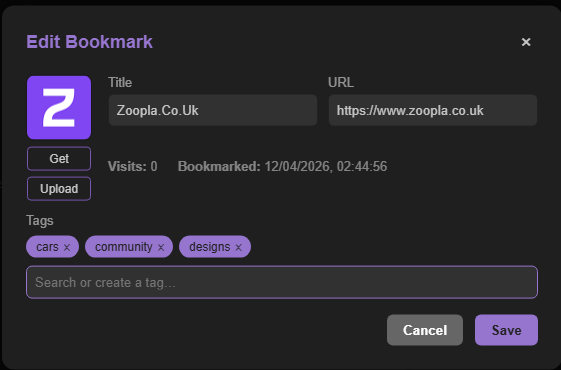 Caves of Wonders (CoW) create a bookmark tag Caves of Wonders (CoW) Edit Bookmark window showing the Search or Create a Tag field for adding a bookmark tag