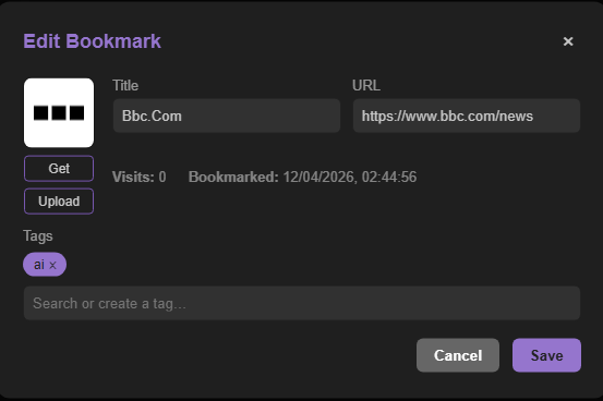 Caves of Wonders (CoW) Edit Bookmark window showing controls to get or upload a custom bookmark icon