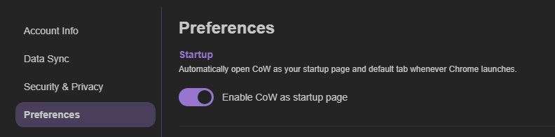 Caves of Wonders (CoW) Preferences screen showing the startup-page setting