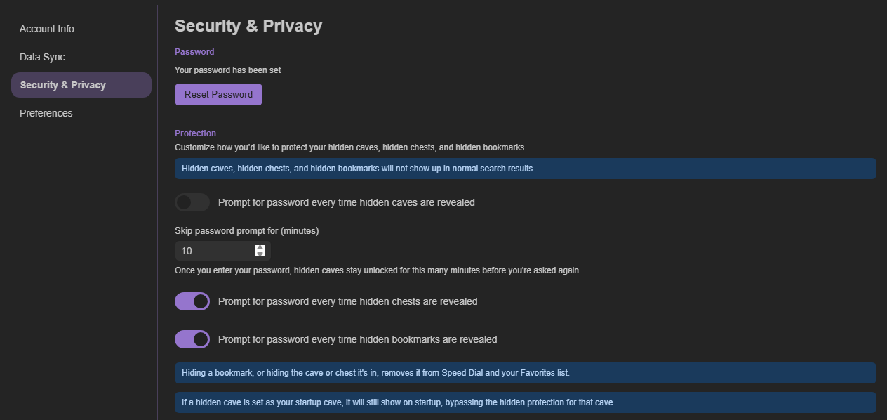 Caves of Wonders (CoW) hidden-content password settings Caves of Wonders (CoW) Security and Privacy settings showing password prompt timing for hidden Caves, Chests, and bookmarks