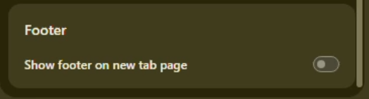 Chrome New Tab footer toggle Chrome Customize panel showing the Show footer on new tab page toggle used with Caves of Wonders (CoW)
