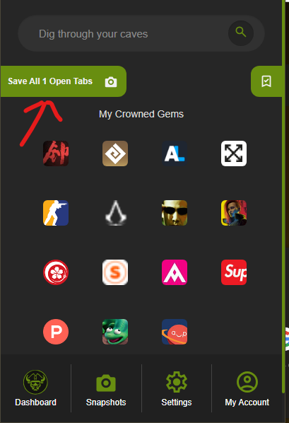 Caves of Wonders (CoW): save all open tabs Caves of Wonders (CoW) popup showing the Save All Open Tabs button
