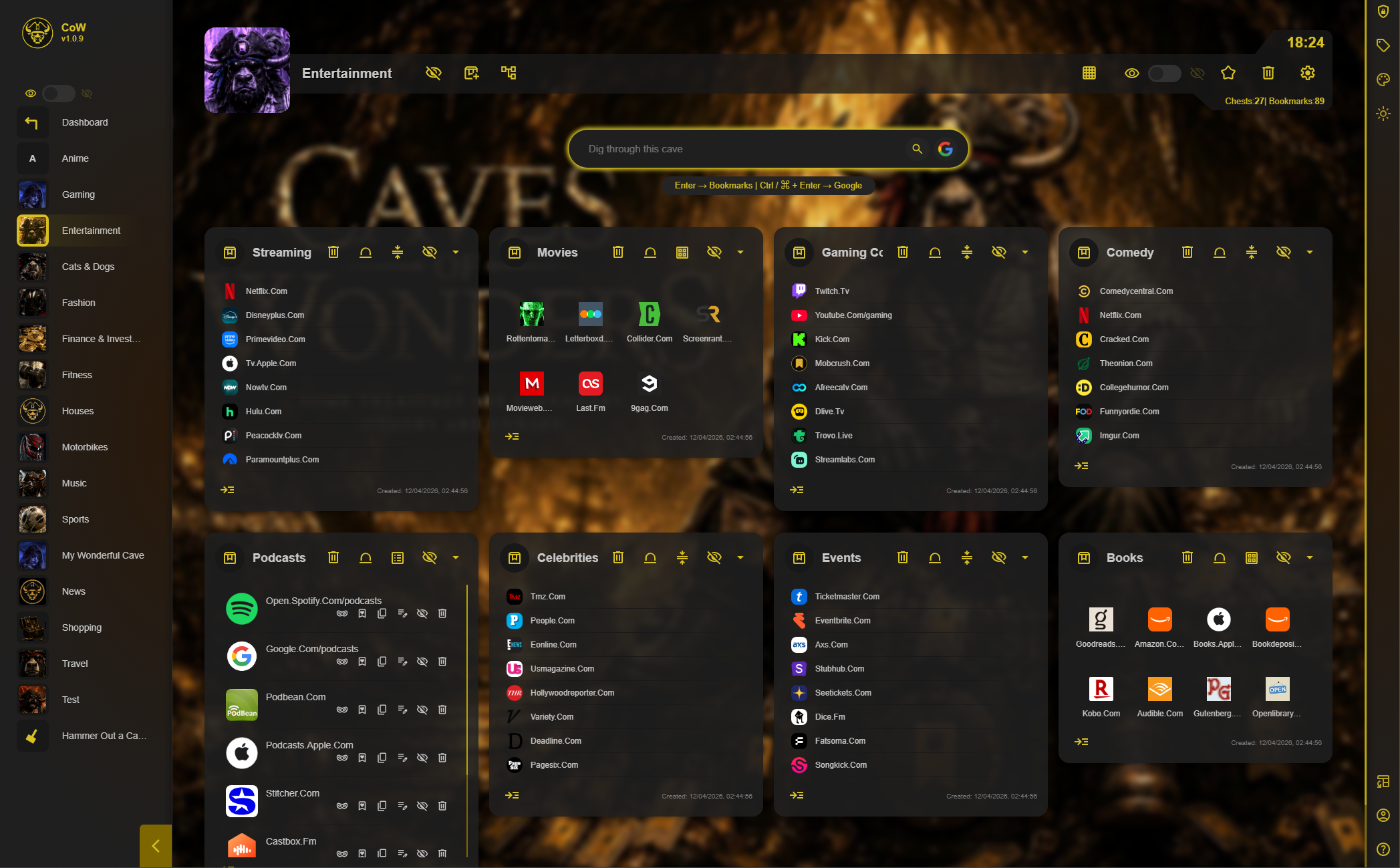 Caves of Wonders Cave before screensaver starts Caves of Wonders showing a Cars Cave with bookmark Chests before the browser screensaver starts