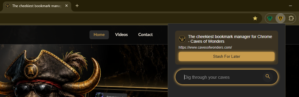 Caves of Wonders (CoW): save the current page with Stash For Later Caves of Wonders (CoW) bookmark manager popup showing the Stash For Later button used to save the current web page