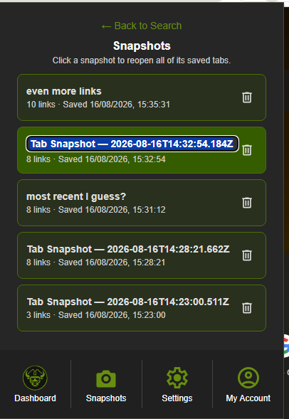 Caves of Wonders (CoW) saved tab snapshots Caves of Wonders (CoW) Snapshots view listing saved tab sessions