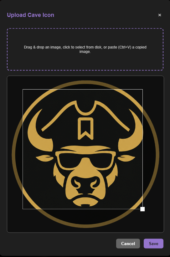 Caves of Wonders (CoW) Upload Cave Icon window showing image upload, resize, and save controls for a custom Cave icon