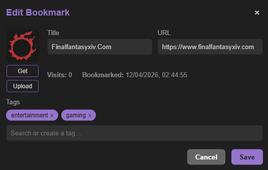Caves of Wonders (CoW) add multiple tags to a bookmark Caves of Wonders (CoW) Edit Bookmark window showing entertainment and gaming tags assigned to one saved bookmark