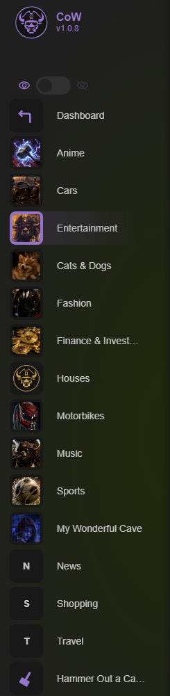 Caves of Wonders (CoW) separate bookmark collections with Caves Caves of Wonders (CoW) sidebar showing separate Caves for bookmark collections such as anime, cars, entertainment, music, shopping, and travel