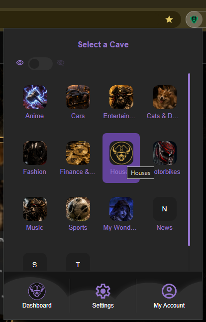 Caves of Wonders (CoW) select a Cave for a new bookmark Caves of Wonders (CoW) Select a Cave screen showing a grid of bookmark collections for choosing where to save a new bookmark