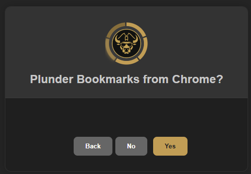 Caves of Wonders (CoW) Chrome bookmark import prompt Caves of Wonders (CoW) setup screen asking whether to import bookmarks from Chrome, with Back, No, and Yes buttons