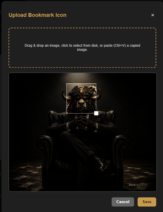 Caves of Wonders (CoW) Upload Bookmark Icon window showing a crop selection for a custom image