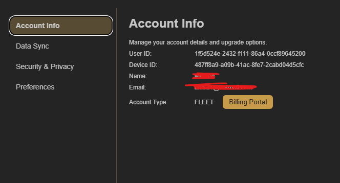 Check the Fleet email on both devices Caves of Wonders Account Info settings showing the email address for a Fleet account