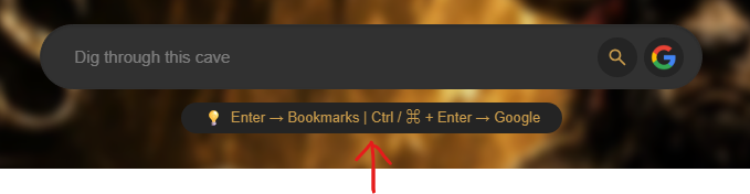 Caves of Wonders (CoW) search Google from a Cave Caves of Wonders (CoW) Cave search bar showing the Ctrl or Command plus Enter shortcut for Google search