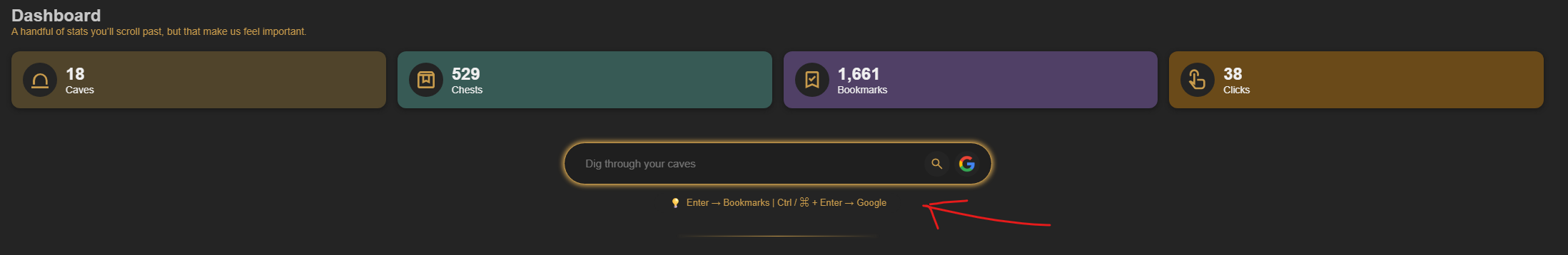 Caves of Wonders (CoW) search Google from the Dashboard Caves of Wonders (CoW) Dashboard search bar showing the Ctrl or Command plus Enter Google shortcut