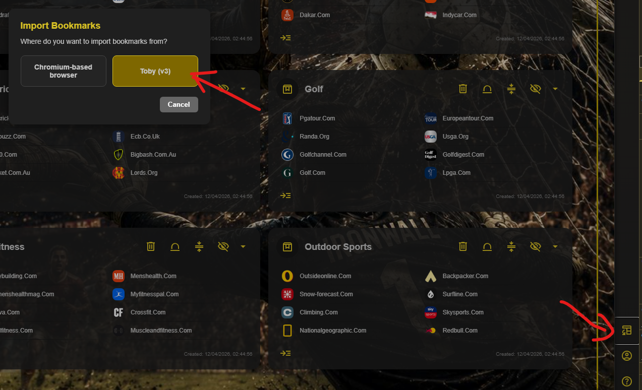 Caves of Wonders (CoW) Toby version 3 import Caves of Wonders (CoW) Import Bookmarks window showing the Toby version 3 option, with the Import Bookmarks button in the right sidebar