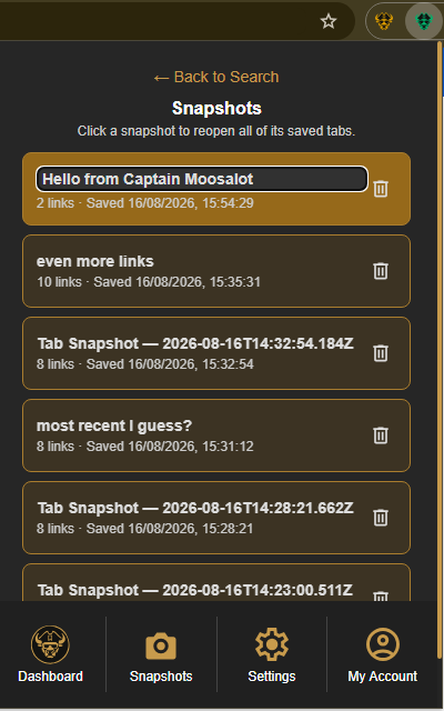 Caves of Wonders (CoW): manage saved Tab Snapshots Caves of Wonders (CoW) Snapshots view showing the delete button beside each saved session