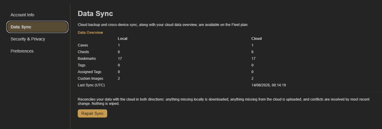 Repair Fleet Data Sync Caves of Wonders Data Sync settings showing local and cloud totals and the Repair Sync button