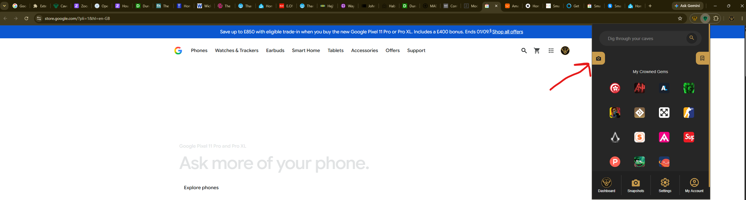 Chrome browser with many open tabs and the Caves of Wonders save snapshot action