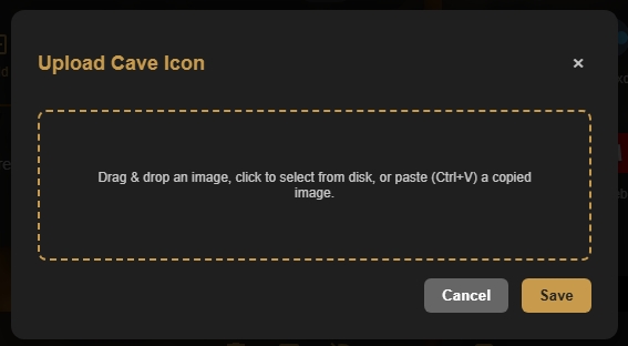 Caves of Wonders (CoW) Upload Cave Icon window for selecting or dropping an image